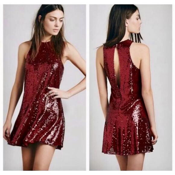 Free People Dresses & Skirts - Free People Halter Dress XS Red Sequin Liquid Shine Mini NYE Holiday Party Glam